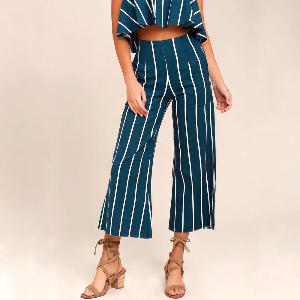 Navy Blue and White Striped Culotte Pants